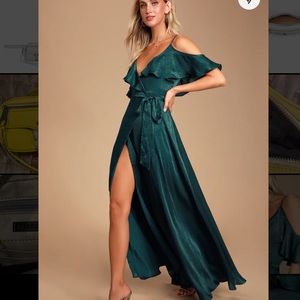 Moriah Emerald Green satin wrap maxi dress